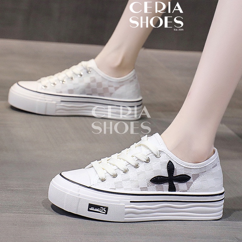 PVC Sepatu Sneakers Korean Wanita Import Sol Tinggi Ringan Breathable Sol Rubber Tebal Non-Slip Tinggi 6 Cm Leaf Pattern