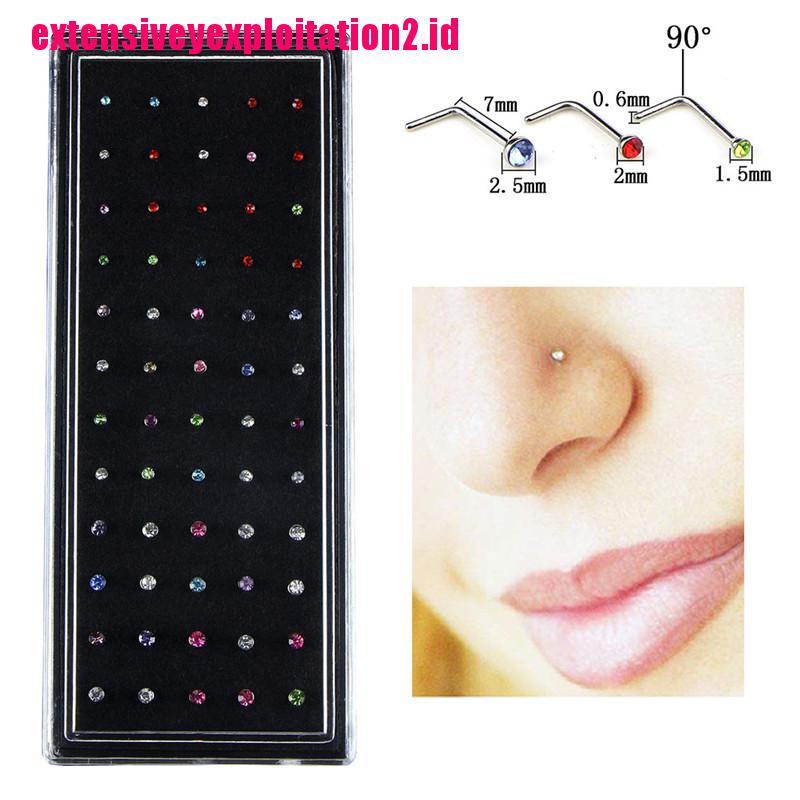 &lt; E2id &amp; &gt; 60PCS / Set Cincin Tindik Hidung / Tubuh Bentuk L Bahan Stainless Steel Hias Kristal