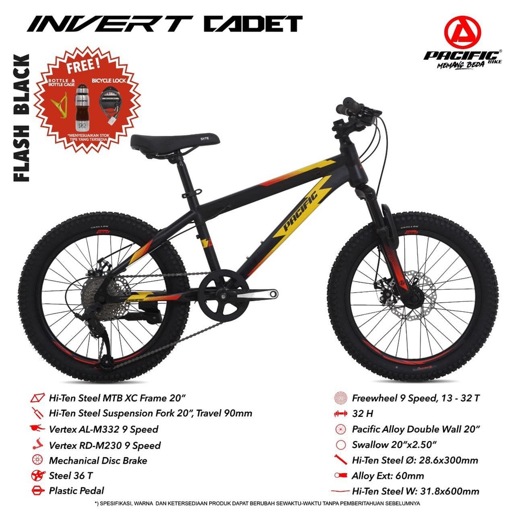 SEPEDA GUNUNG PACIFIC INVERT CADET 20” 9 SPEED FRAME STEEL MECHANICAL DISC BRAKE MTB