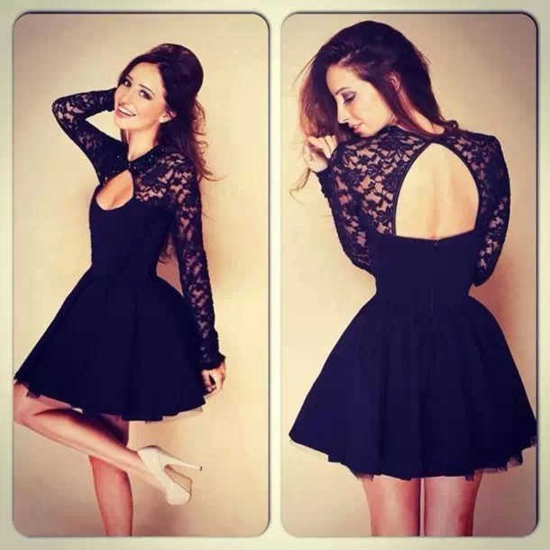 2992223 Dress Black Sexy Lace Dress (S,M,L)  Lace, soft chiffon, gauze, back zipper