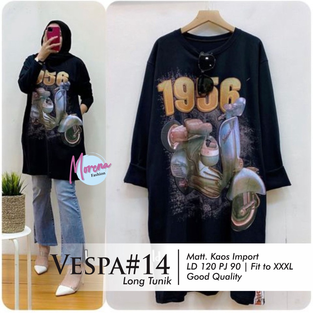SCOOTER VESPA LONG TUNIK/ATASAN WANITA PANJANG/TUNIK CASUAL GAMBAR SCOOTER/BAHAN KAOS IMPORT LD130CM