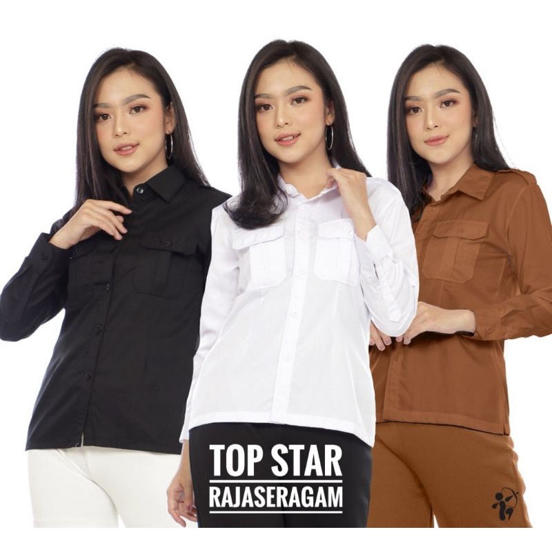 Baju Seragam Kemeja PDH Wanita Saku 2 Drill Panjang Net Tv Slimfit PDL Dinas Blus