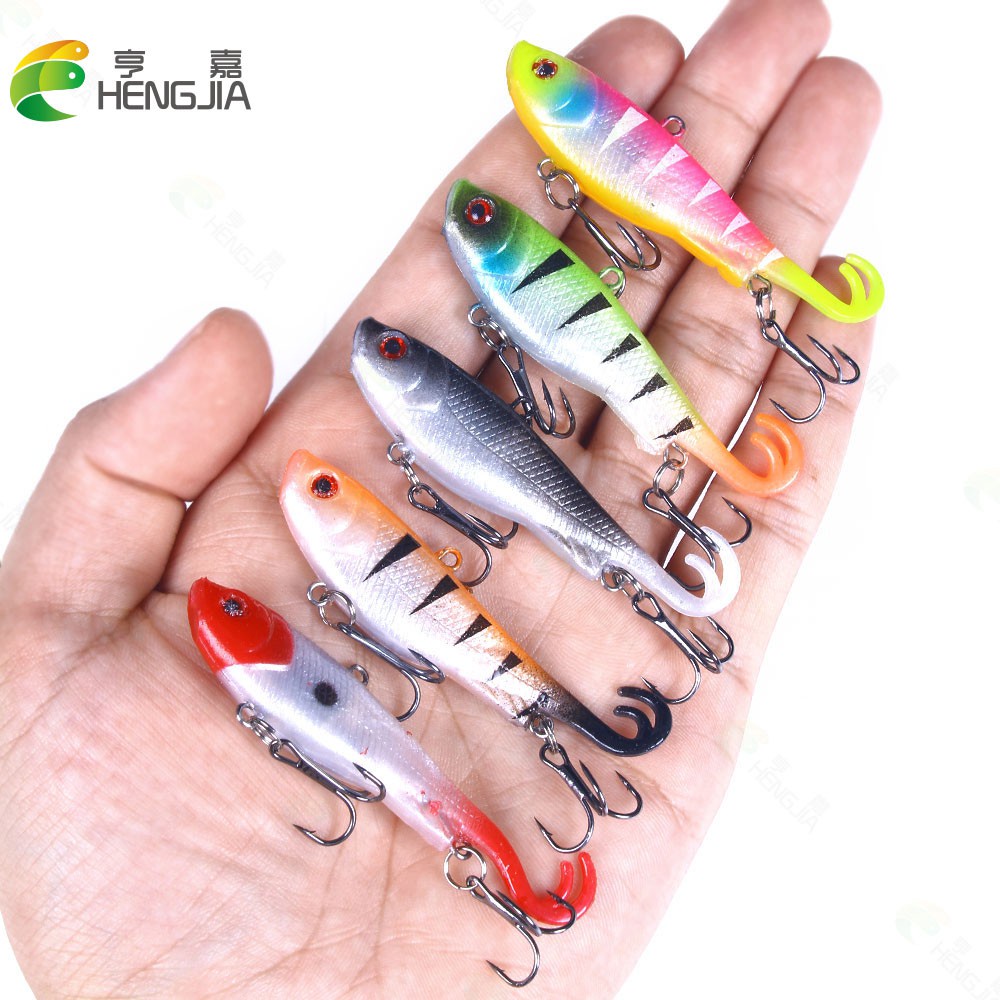 Hengjia 5pcs / Set Umpan Pancing Softlure Bentuk Ikan Ekor Ganda 12g 7cm