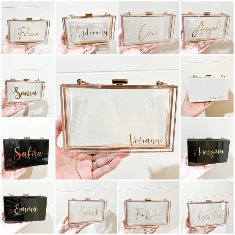 Custom Tas Nama / Bridesmaid Bag Acrylic Transparant Clutch hadiah tas pesta