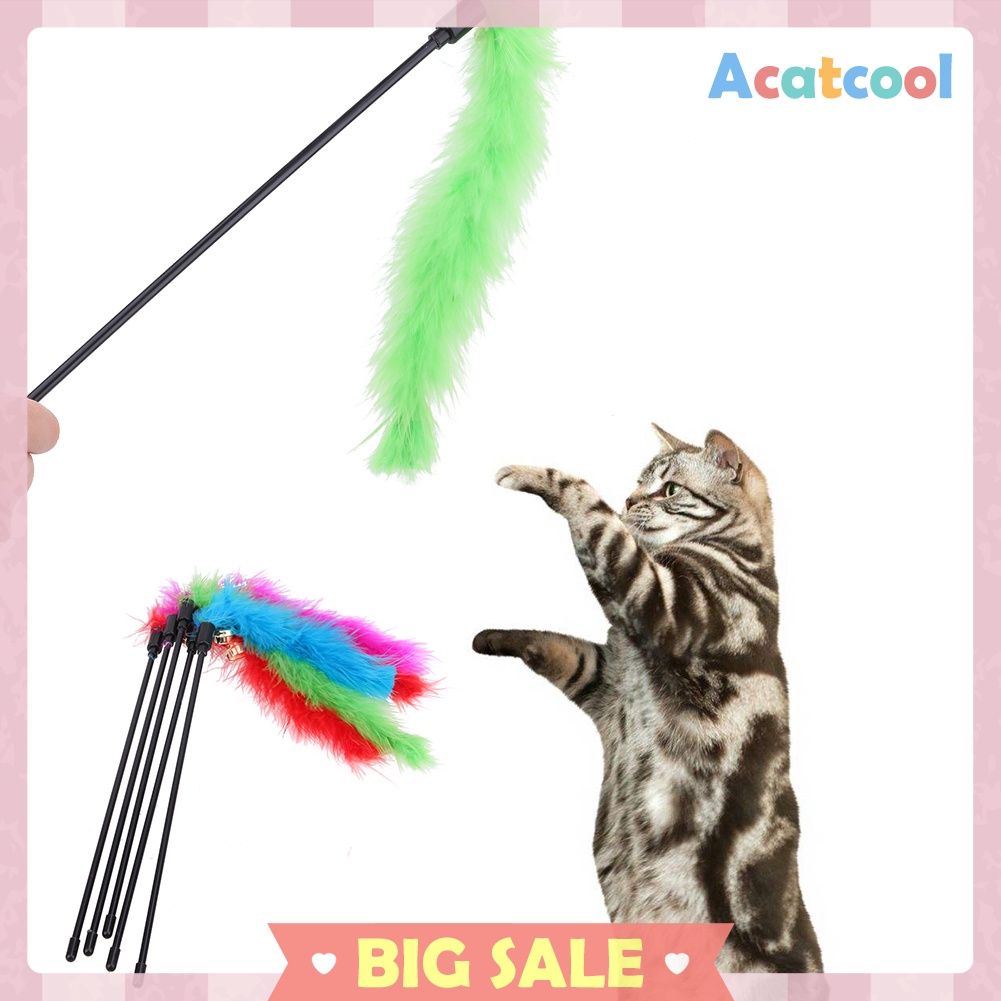 5pcs Cat Kitten Pet Teaser Turkey Feather Interactive Stick Toy Wire Chaser