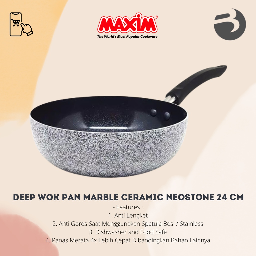 Deep Wok Pan Anti Lengket Marble Ceramic Wok MAXIM NEOSTONE 24 cm