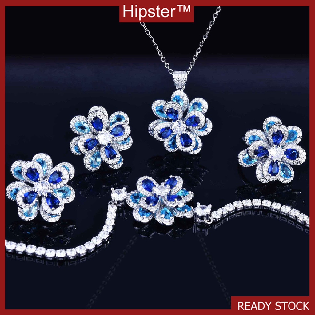 Elegant Color Moissanite Flower Set Silver Pendant Open Ring