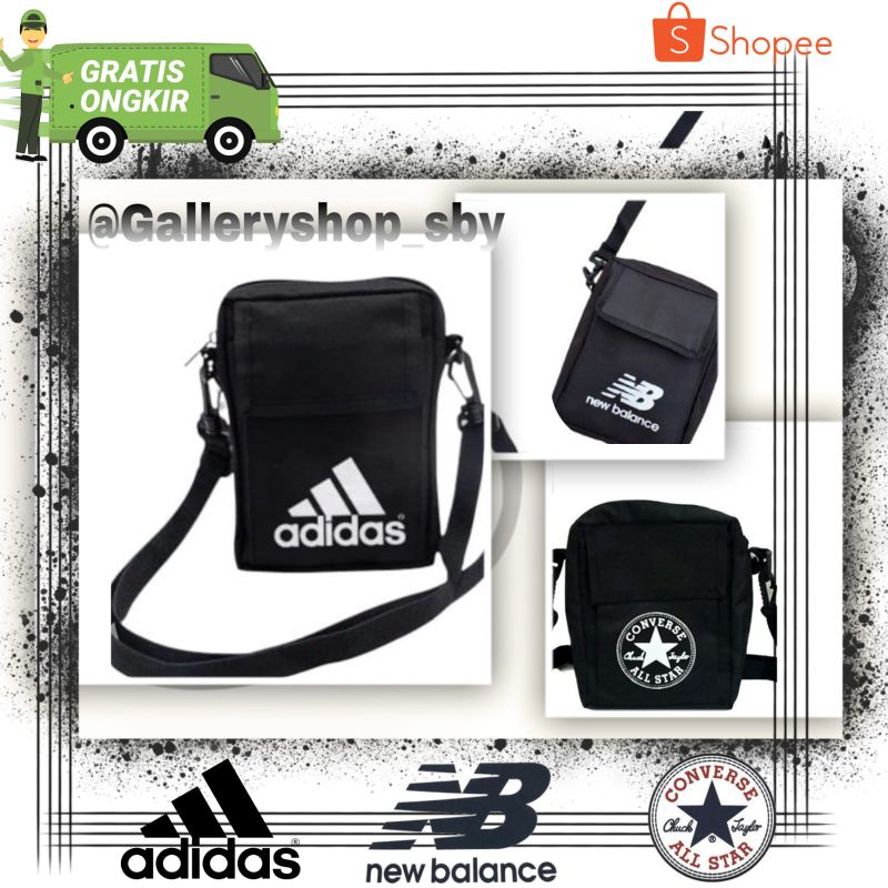 TAS SLEMPANG ADIDAS BLACK HITAM UNTUK HP DOMPET BARANG KECIL SANTAI HANGOUT JALAN KEREN CEWEK COWOK