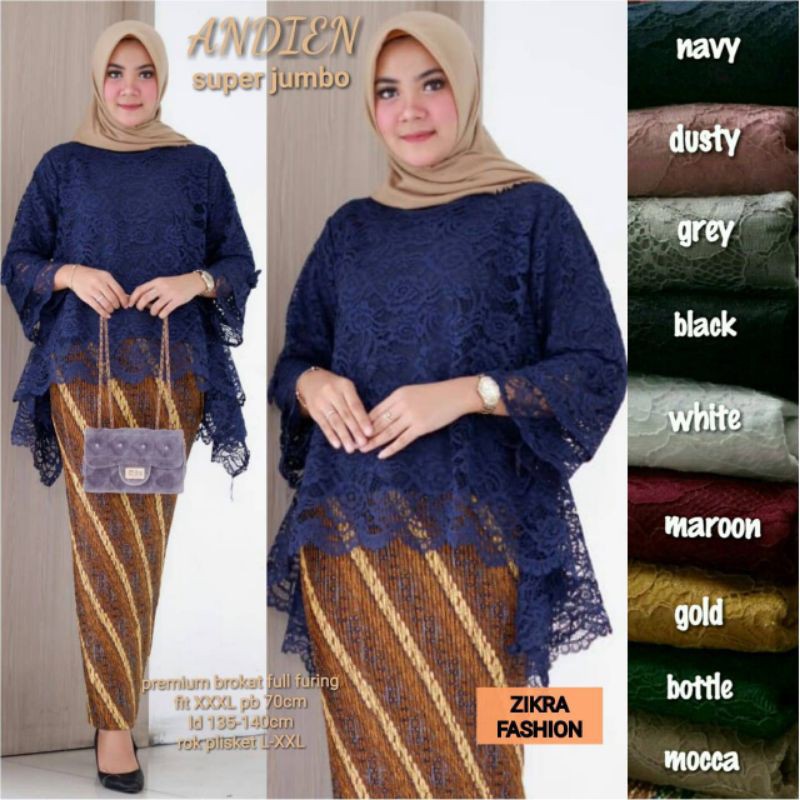 Andien Zikra LD 135 - 140 Baju Setelan Tunik Kebaya Brukat Modern Super Jumbo Premium Full Furing Br