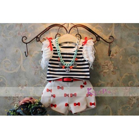 Setelan KoreaPink Stripey Red Ribbon with Belt Anak Perempuan Impor