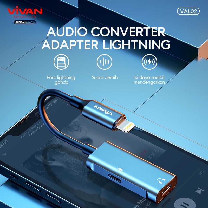 VIVAN Converter VAL01/VAL02 Splitter Lightning to Jack Audio AUX 3.5 mm + Lightning Charghing Call Open Mic - Garansi 1 Tahun