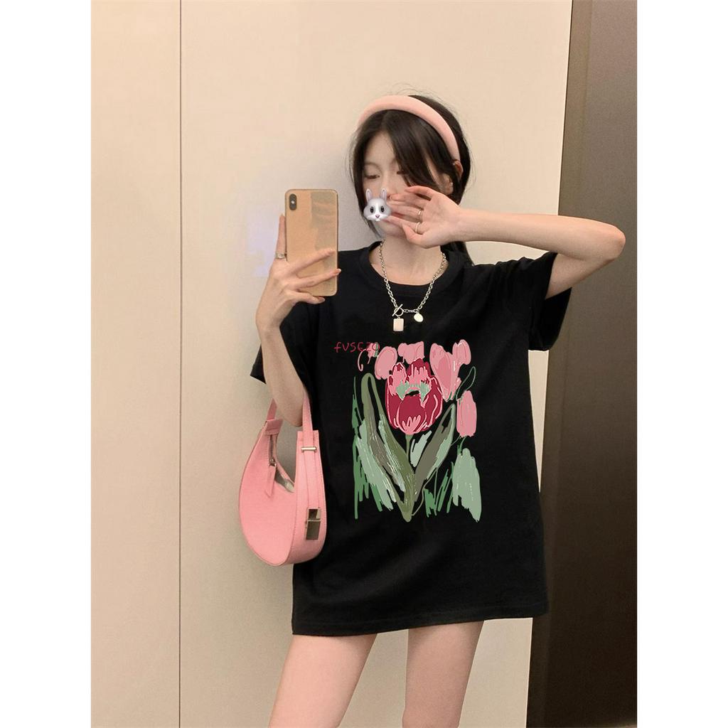 EUNII T-shirt Lengan Pendek Cartoon Oil Painting Flowers Korean Style/Kaos Atasan Wanita/Baju Kaus Oversize Wanita/Kaos Wanita