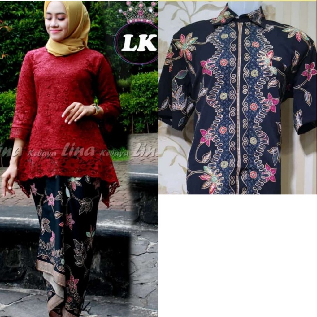 SB Collection Couple Stelan Via Kebaya Blouse Brukat Rok Lilit Super Jumbo Dan Kemeja Batik Pria