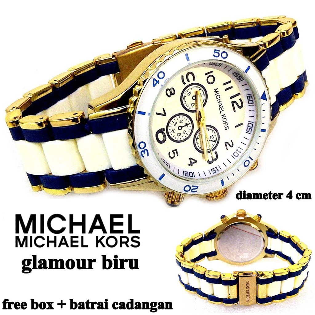 jam tangan wanita semi keramik mk glamour biru full set