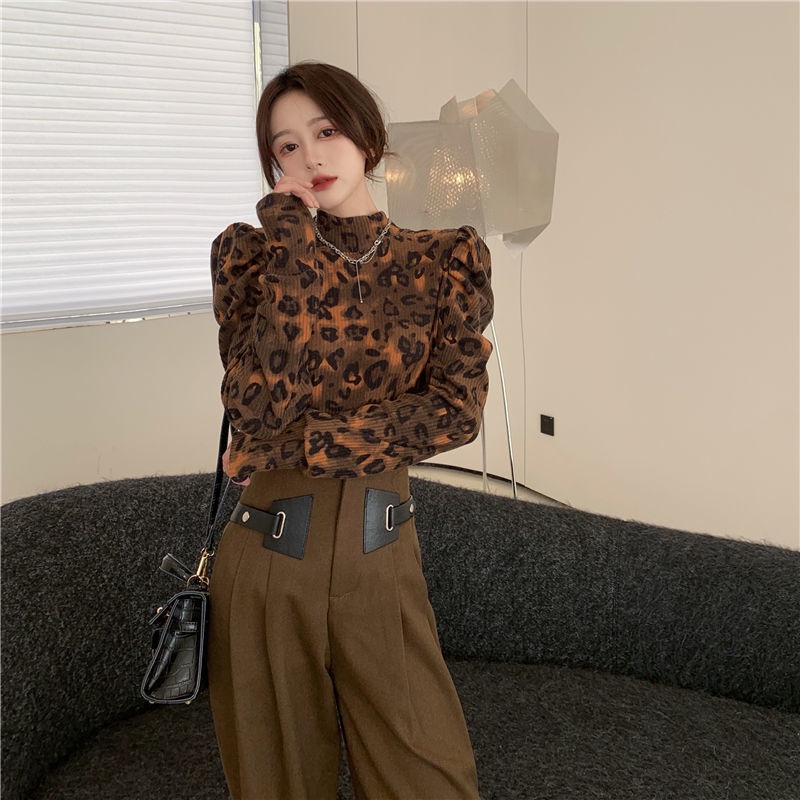 Suhao Amerika Atasan Retro Hong Kong Gaya Macan Tutul Cetak Setengah Turtleneck Bottoming Kemeja Wan