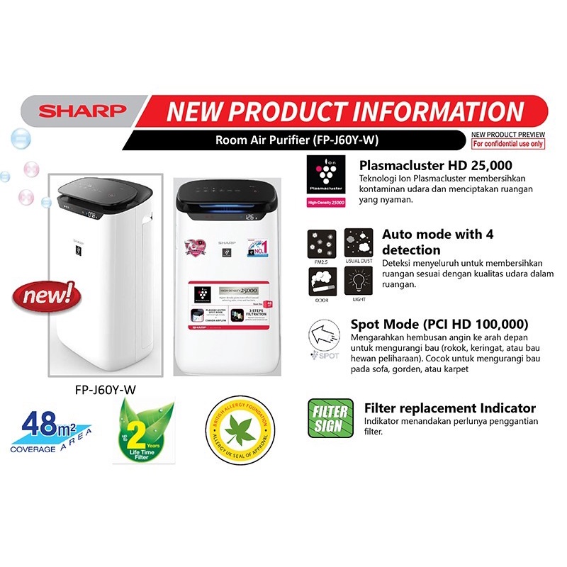 Air Purifier Sharp FP-J60Y-W FP J60 Y W Penjernih Udara Penyaring Debu