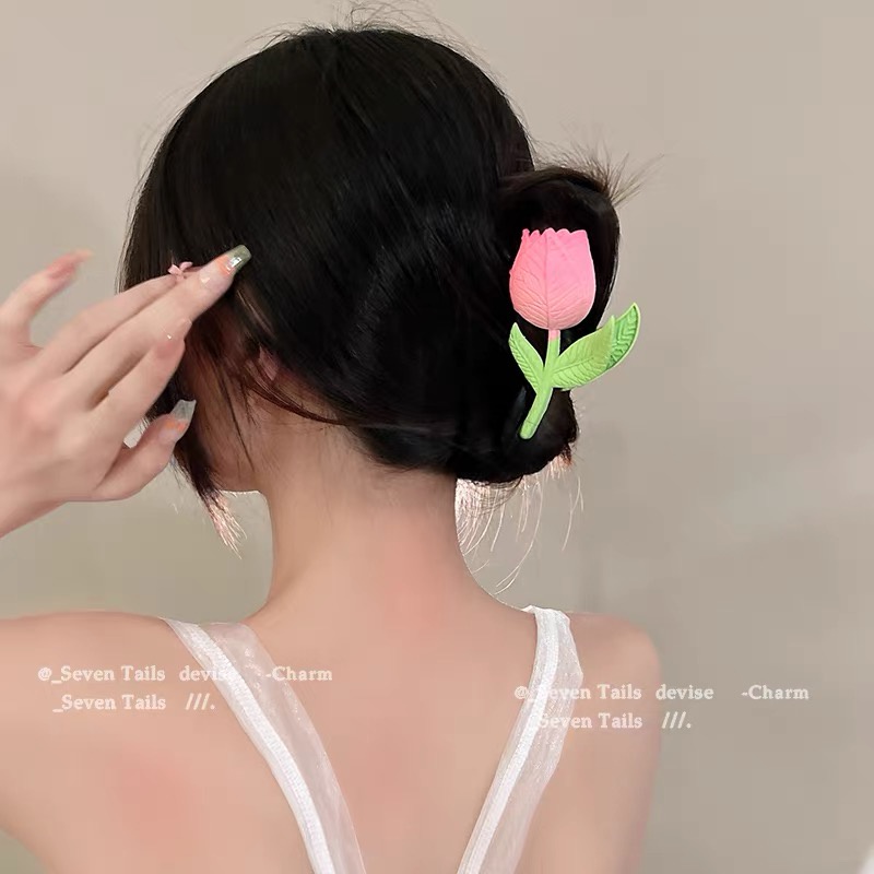 Jepit Rambut Bentuk Bunga Tulip Warna Pink Bahan Alloy Untuk Wanita