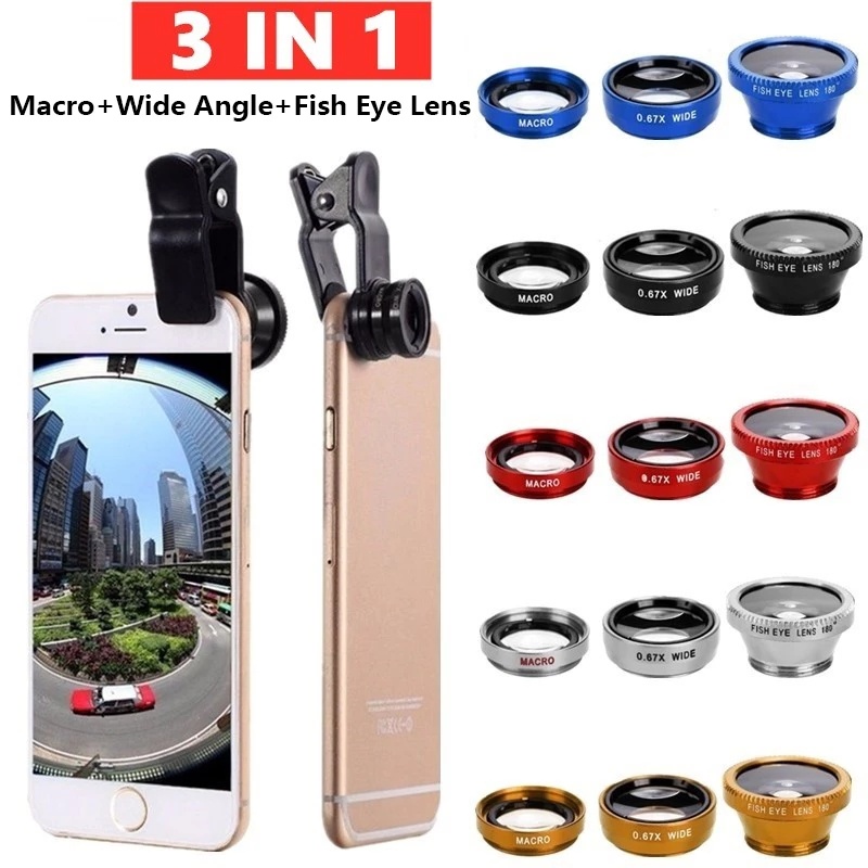 3 In 1 Lensa Kamera Fisheye Makro Wide Angle Universal Dengan Klip Untuk Handphone