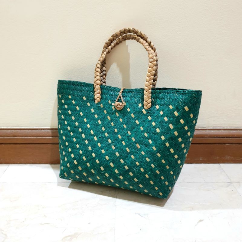 Tas Purun Midi Hijau Tas Anyaman Purun, Tas Hampers Parcel Souvenir Goodie Bag Hijau Lebaran
