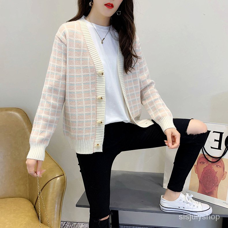 #Sisjuly# Wanita Kotak-kotak Sweater Jaket Baru Single Breasted Pakaian Luar V Neck Knit Cardigan Wa