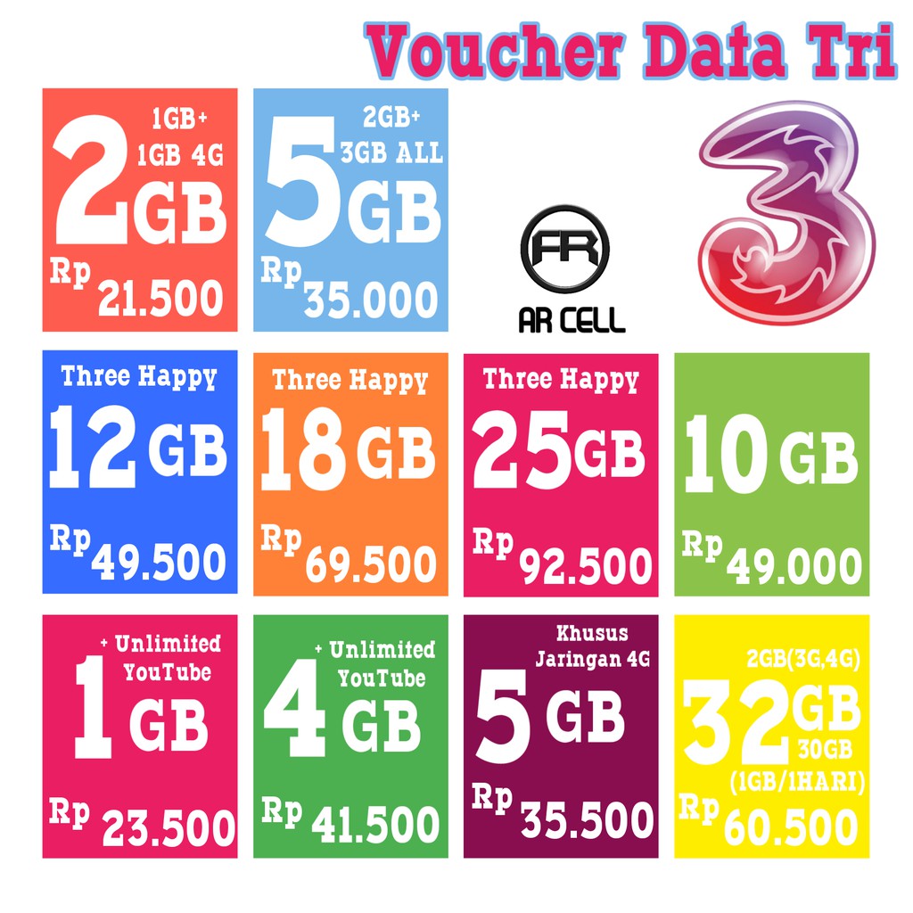 Voucher Tri Data Paket Tri Happy Three 3 Termurah 2GB 6GB 10GB 12GB 15GB 18GB 25GB 32GB