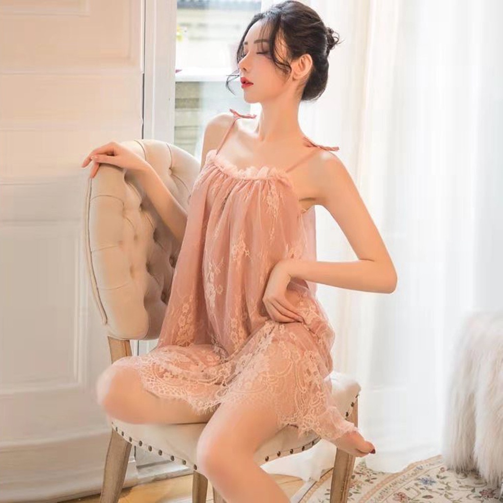 ☛TK☚ B068 Lingerie Dress Lace Sexy Renda Pendek Jumbo Shifon