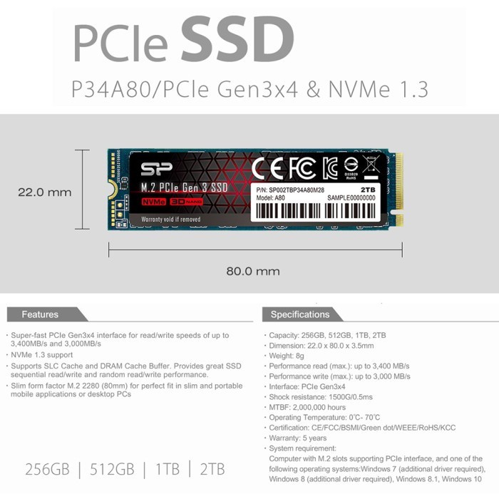 Silicon Power A80 SSD 1TB M.2 2280 PCIe Gen3x4 NVMe 1.3