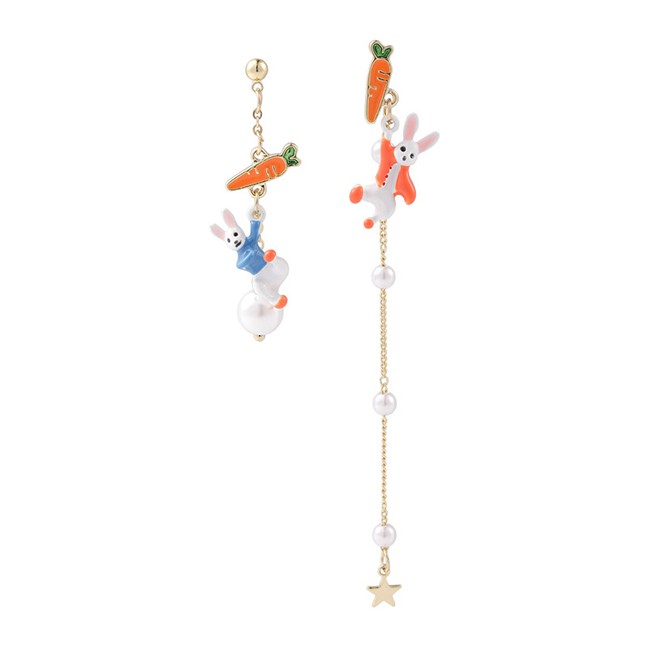 LRC Anting Tusuk Fashion Color Mixing Carrot Rabbit Pearl Asymmetric Tassel Earrings K23260