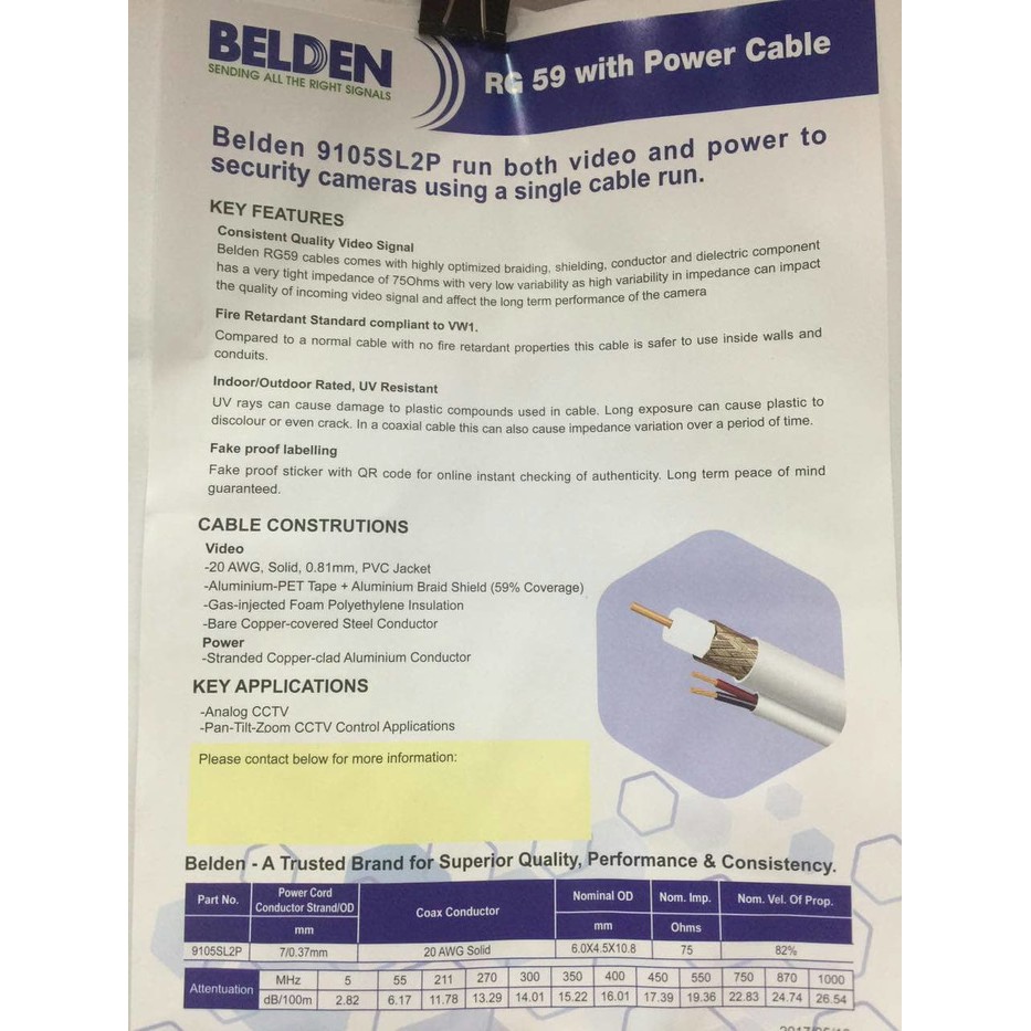 Kabel Belden / CCTV Coaxial RG59+Power 9105SL2P (PUTIH) 305M Original