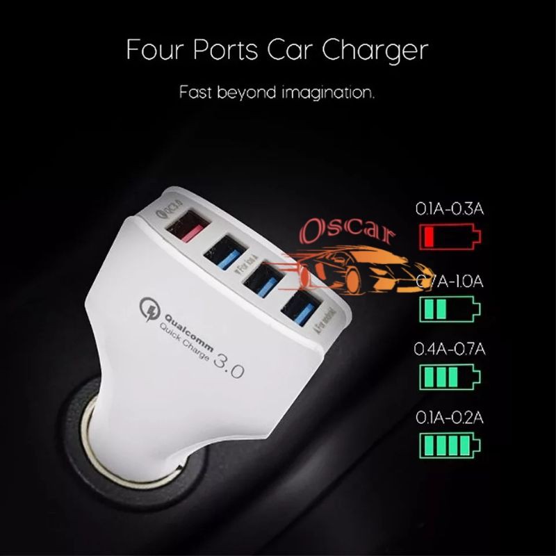 Car Charger Colokan Mobil 4 Ports QC3.0 3.1A Qualcomm Black White