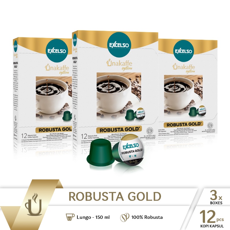 

Unakaffe System Coffee Capsule - Kopi Kapsul Excelso Unakaffe Robusta Gold Pack Of 3 Folding Box