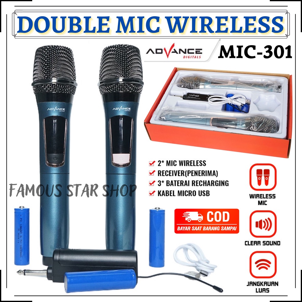 Mic Profesional Wireless Microphone Double UHF ADVANCE mic 301 / Mic Double Tanpa Kabel Advance Mic-301 Mic Karaoke Wireless / Mic double Microphone wireless profesional | FMS