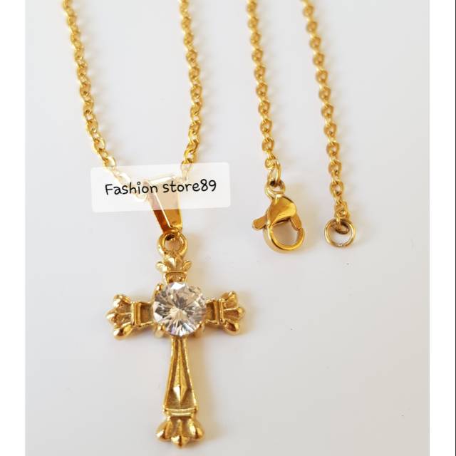 Kalung salib permata titanium gold antikarat /kalung fashion import rohani KS012