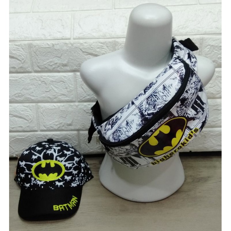 Tas Batman waterproof anti air 2in1 waistbag anak laki-laki tas dan topi bordir