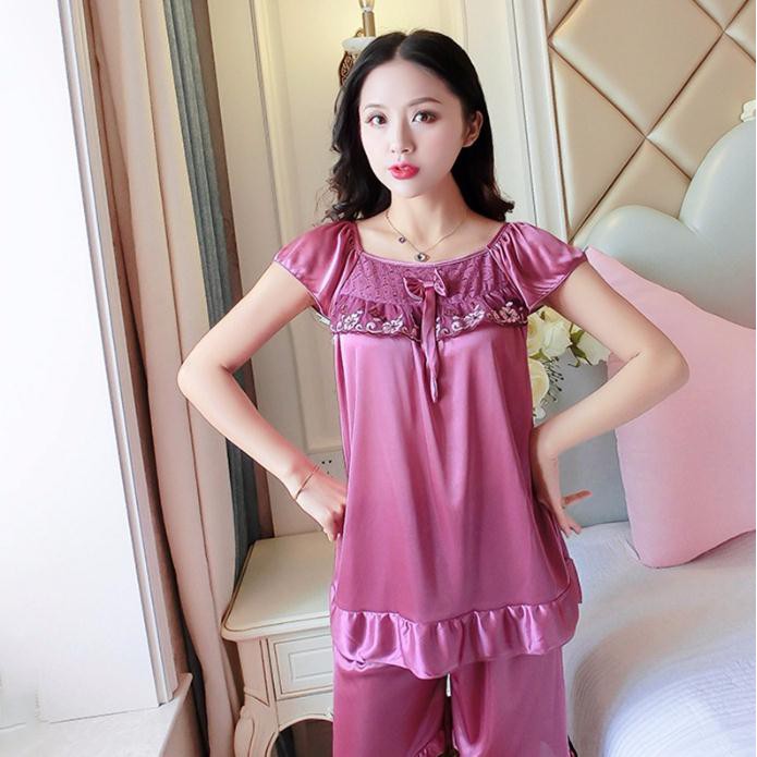 BAJU TIDUR SET CELANA PENDEK BAHAN SATIN MODEL BUNGA 018