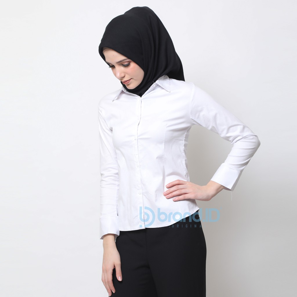 KEMEJA PUTIH WANITA POLOS TANGAN PANJANG KATUN STRETCH / BAJU KANTOR FORMAL KERJA CEWEK JUMBO