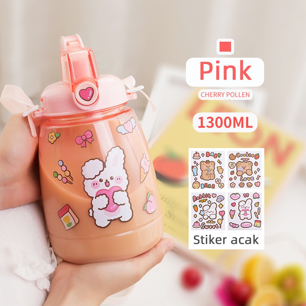 Botol Minum Anak Desain Unik Variasi Motif Karakter terdapat Sedotan BPA FREE bottol minum sedotan cangkir jerami cangkir plastik lucu cangkir kartun portabel 480ML 1000ML-Pink1300 ml