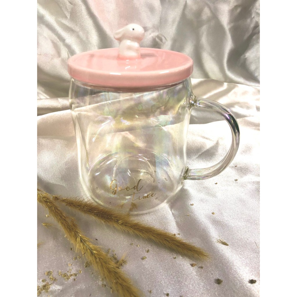 Gelas Mug Kaca Bening Tutup Keramik dengan Aksen Kelinci Lucu