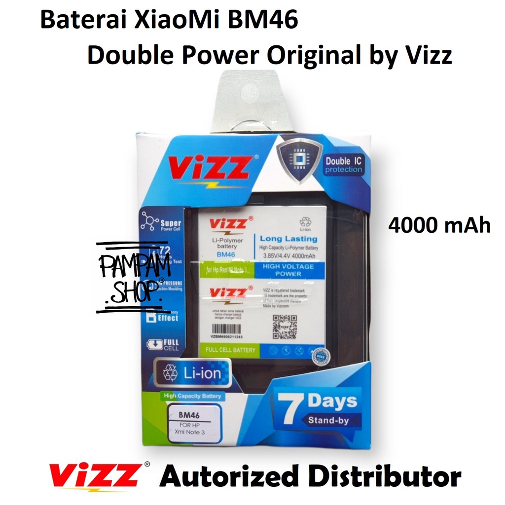 Baterai Vizz Double Power Original XiaoMi BM46 Redmi Note 3 Pro Batre Batrai Battery HP Dual BM 46