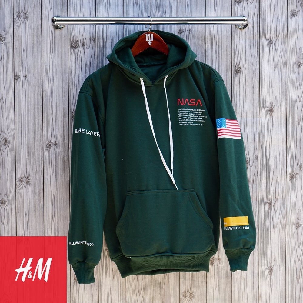 Jaket Pria Hoodie Nasa H&M Nasa Hijau Fleece Tebal Premium Jaket Pria Trend Diskon Termurah Promo JA