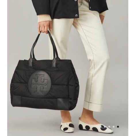 TORY BURCH Medium Ella Puffer Tote Bag in Black Quilted