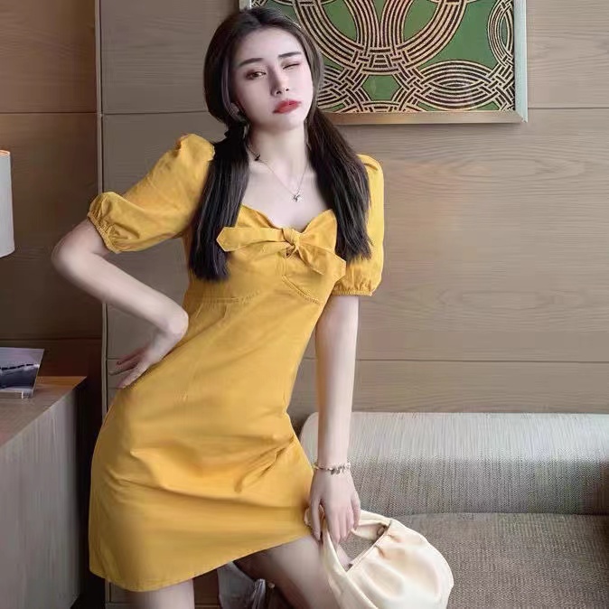 Korean Dress Pendek Lengan Balon Polos Kuning Gaya Korea Wanita Import
