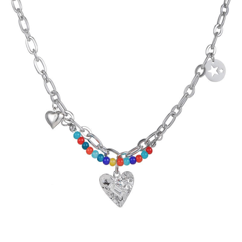 Y2k Kalung Choker Rantai Silver Liontin Hati Hias Manikmanik Warnawarni Untuk Wanita