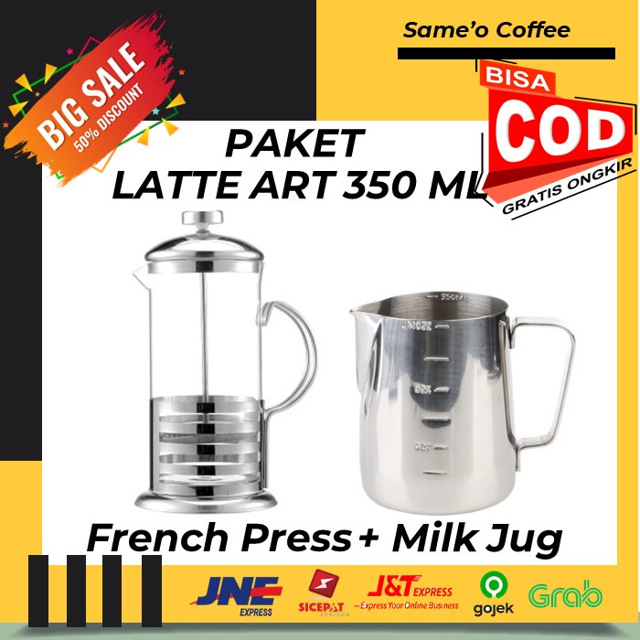 PAKET STAINLESS MILK JUG 350 ml + FRENCH PRESS / COFFEE PRESS DUOLVQI MODEL GARIS - LATTE ART