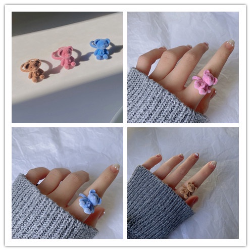 1pc Cincin Model Terbuka Bahan Velvet Desain Beruang 3D Untuk Wanita