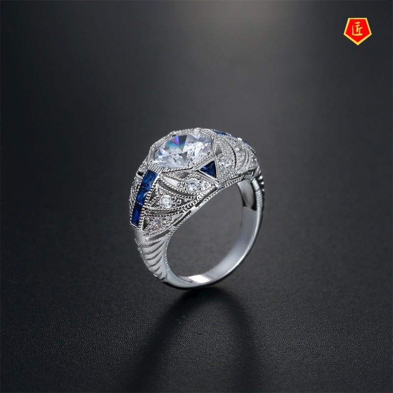 [Ready Stock]Elegant 925 Silver Sapphire Diamond Ring