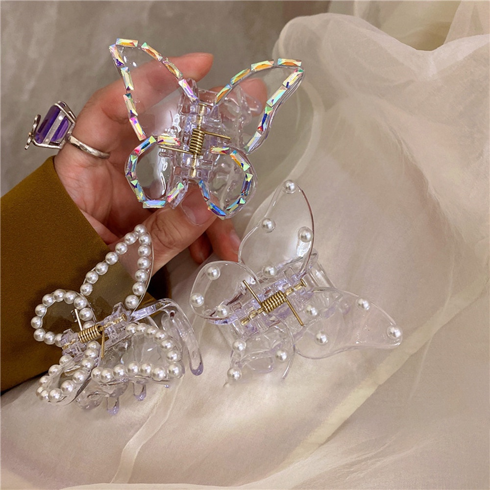 【COD Tangding】Chic Korea Pearl Butterfly Catch Clip Transparent Water Diamond Shark Hair Clip INS Summer Hair Catch