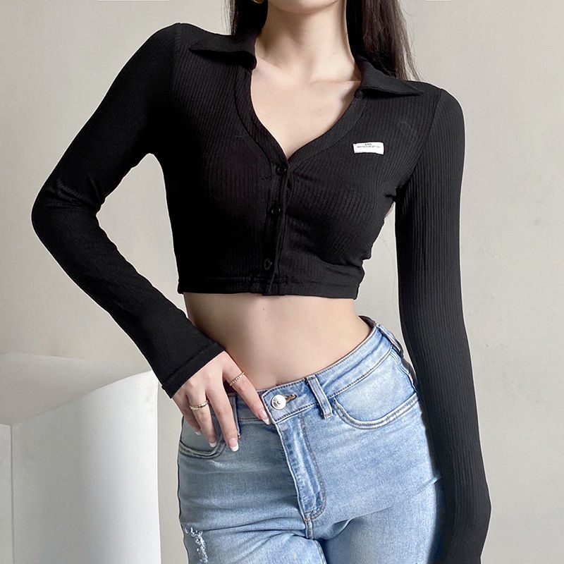 Suhao American Top Rapcopter American Knit Cardigan T-Shirt Wanita Tombol Benang Slim Fit Bottoming