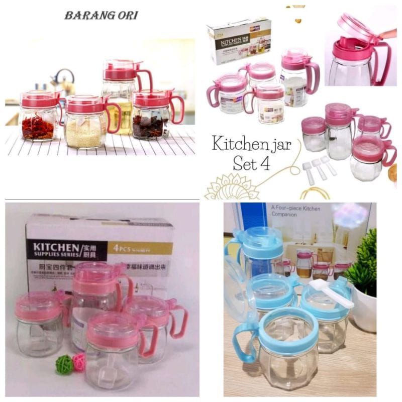 (TERMURAH) Bayar Di Tempat Kitchen Jar Set 4pcs FREE BUBBLE+KARDUS / Tempat Bumbu+minyak/Kaca tebal