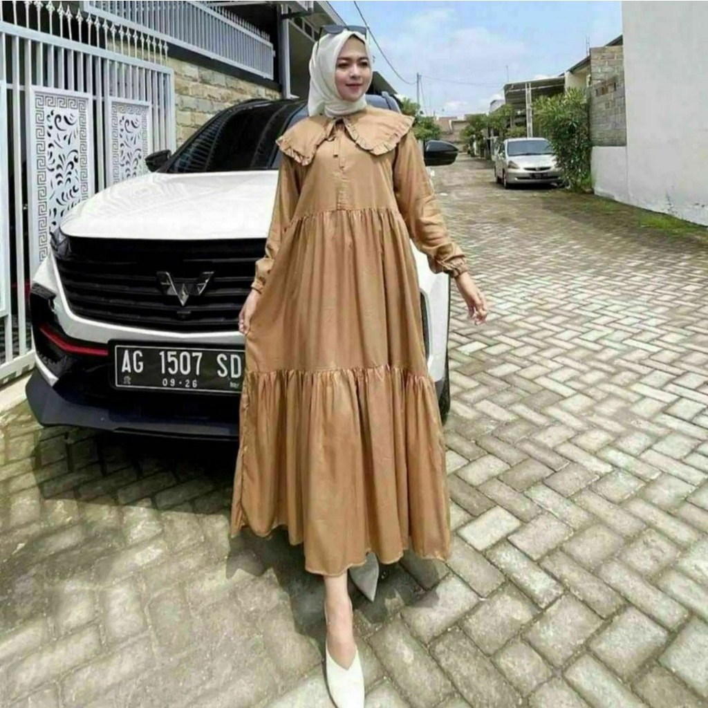 Rena Gamis Jumbo Midi Rempel Rayon Premium Dress Wanita Polos Lengan Panjang Baju Wanita Busui Bigsize LD 110  cm